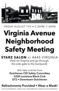Flyer for the Virginia Avenue Block Meeting on Friday, August 7th in Dutchtown.