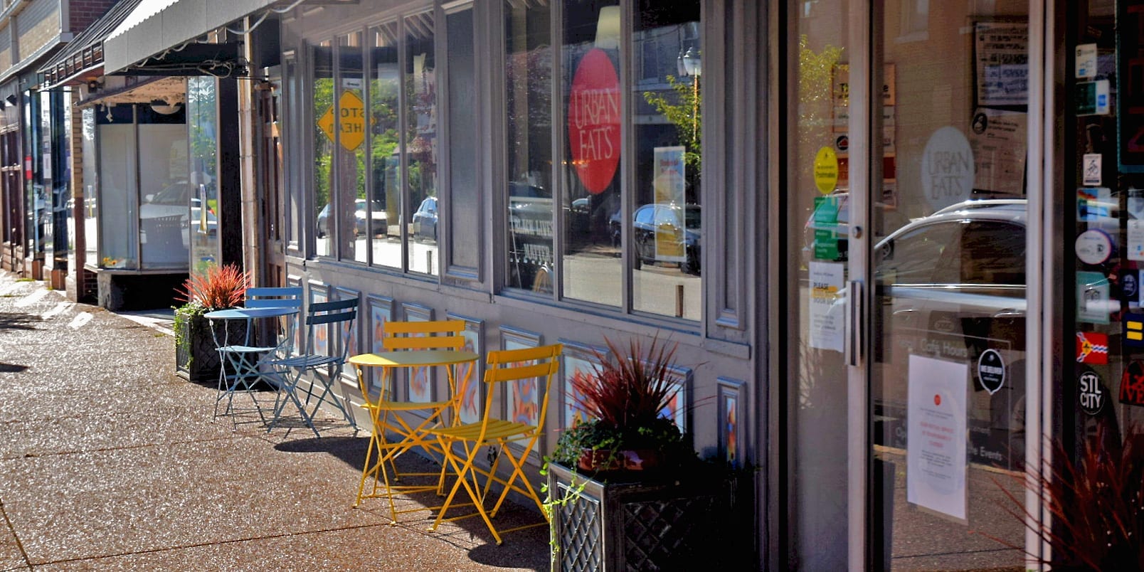 New sidewalk furniture in front of Urban Eats on Meramec Street in Downtown Dutchtown.