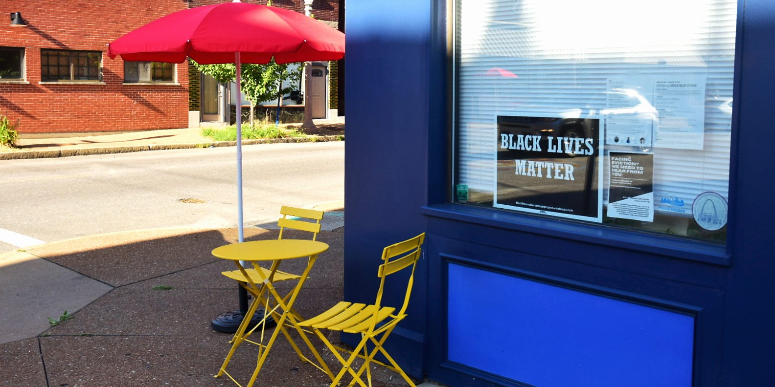 New sidewalk furniture in front of Dutchtown South Community Corporation on Meramec Street in Downtown Dutchtown.