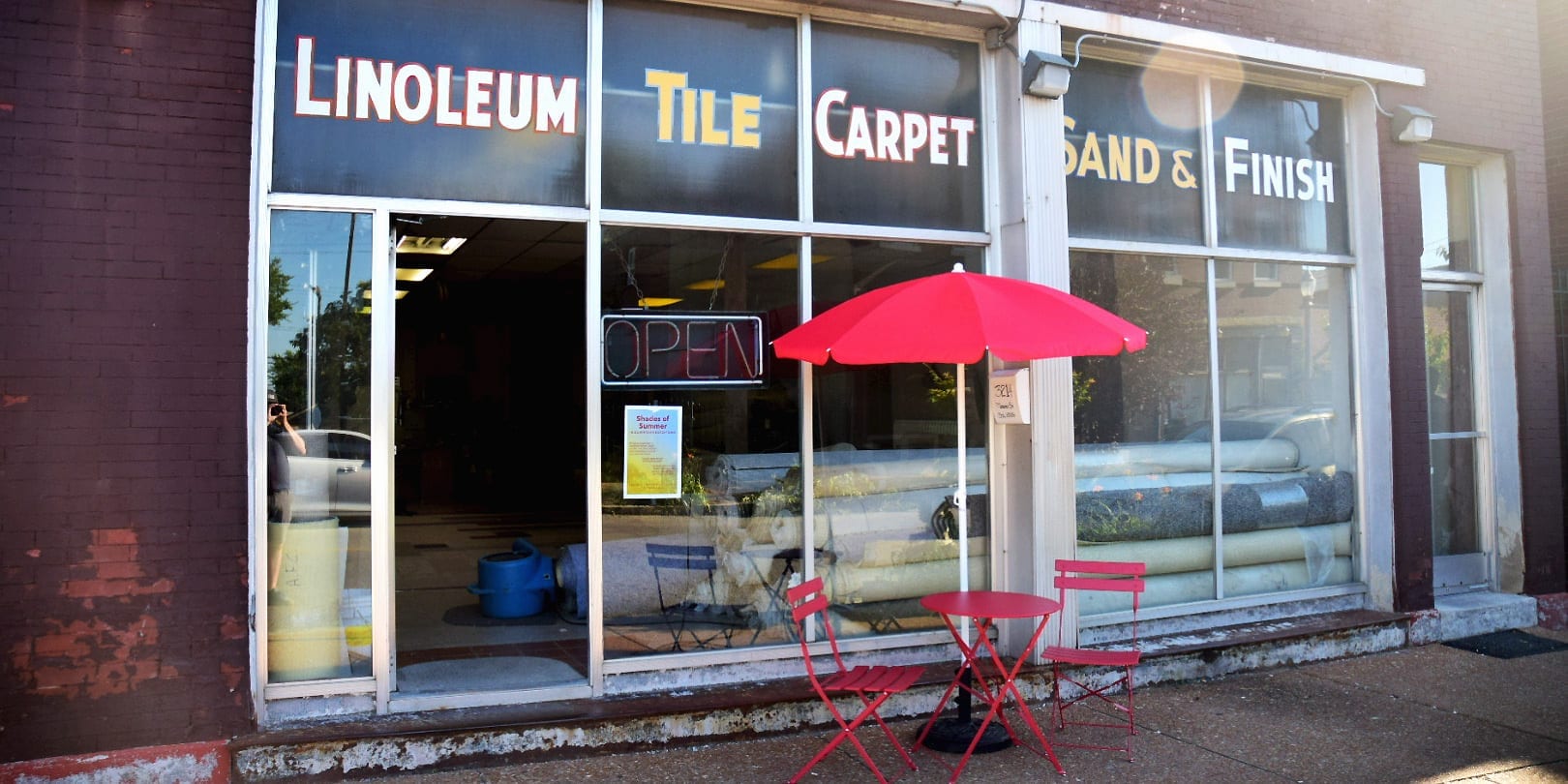 New sidewalk furniture in front of Greenfield Flooring on Meramec Street in Downtown Dutchtown.