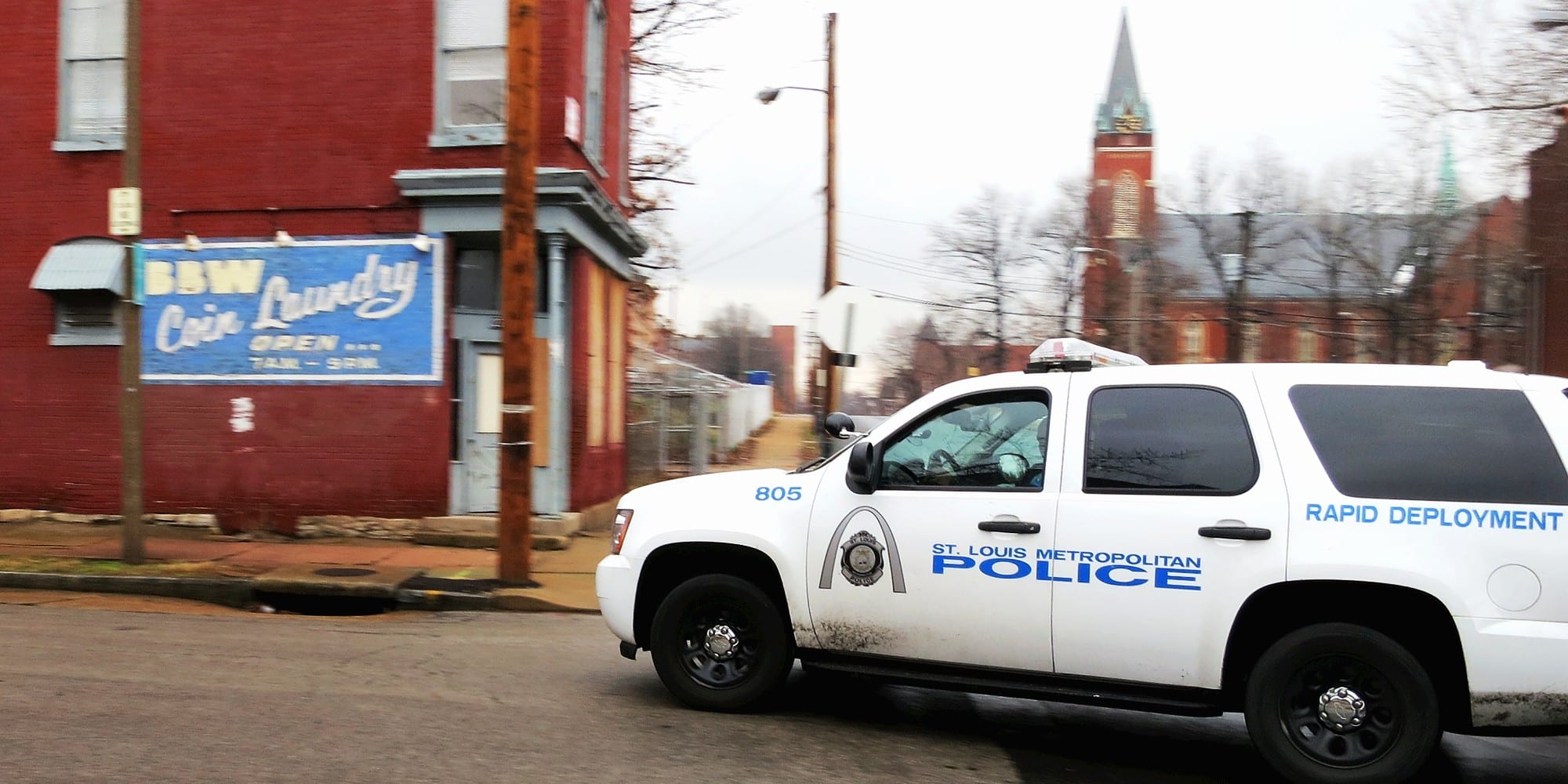 St. Louis police SUV at Iowa nad Miami. Photo by Paul Sableman.