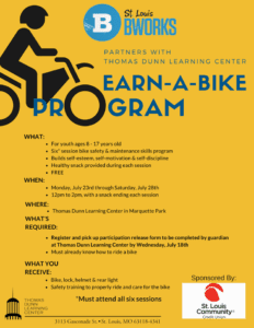 Flyer for St. Louis Bicycle Works Earn-a-Bike program at Thomas Dunn Learning Center.