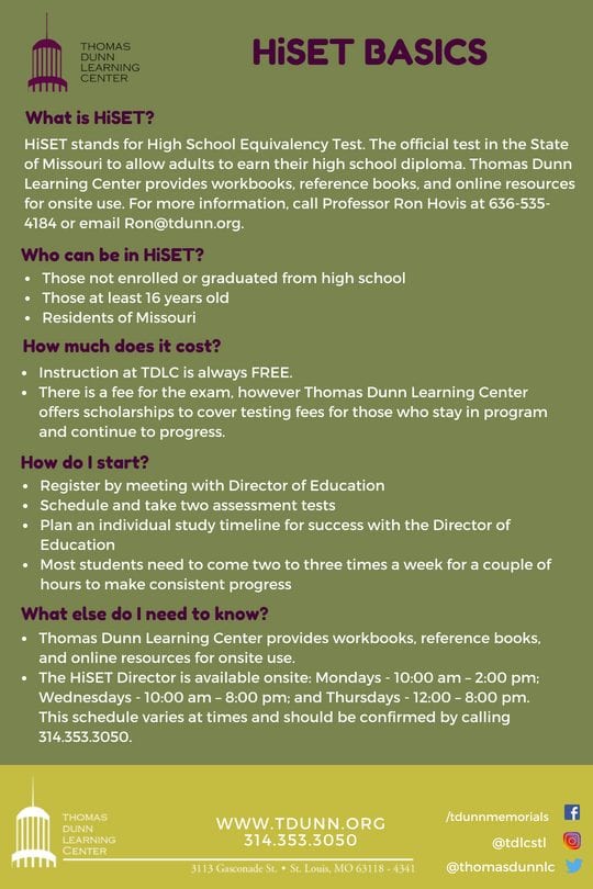 Flyer for the HiSET program at Thomas Dunn Learning Center.