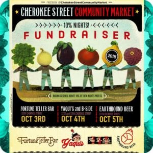 Cherokee Street Community Market 10% night fundraisers October 3rd–5th.