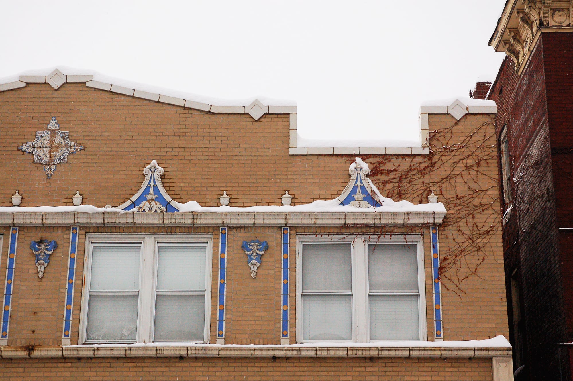 The Flora Building on Meramec Street in the snow.