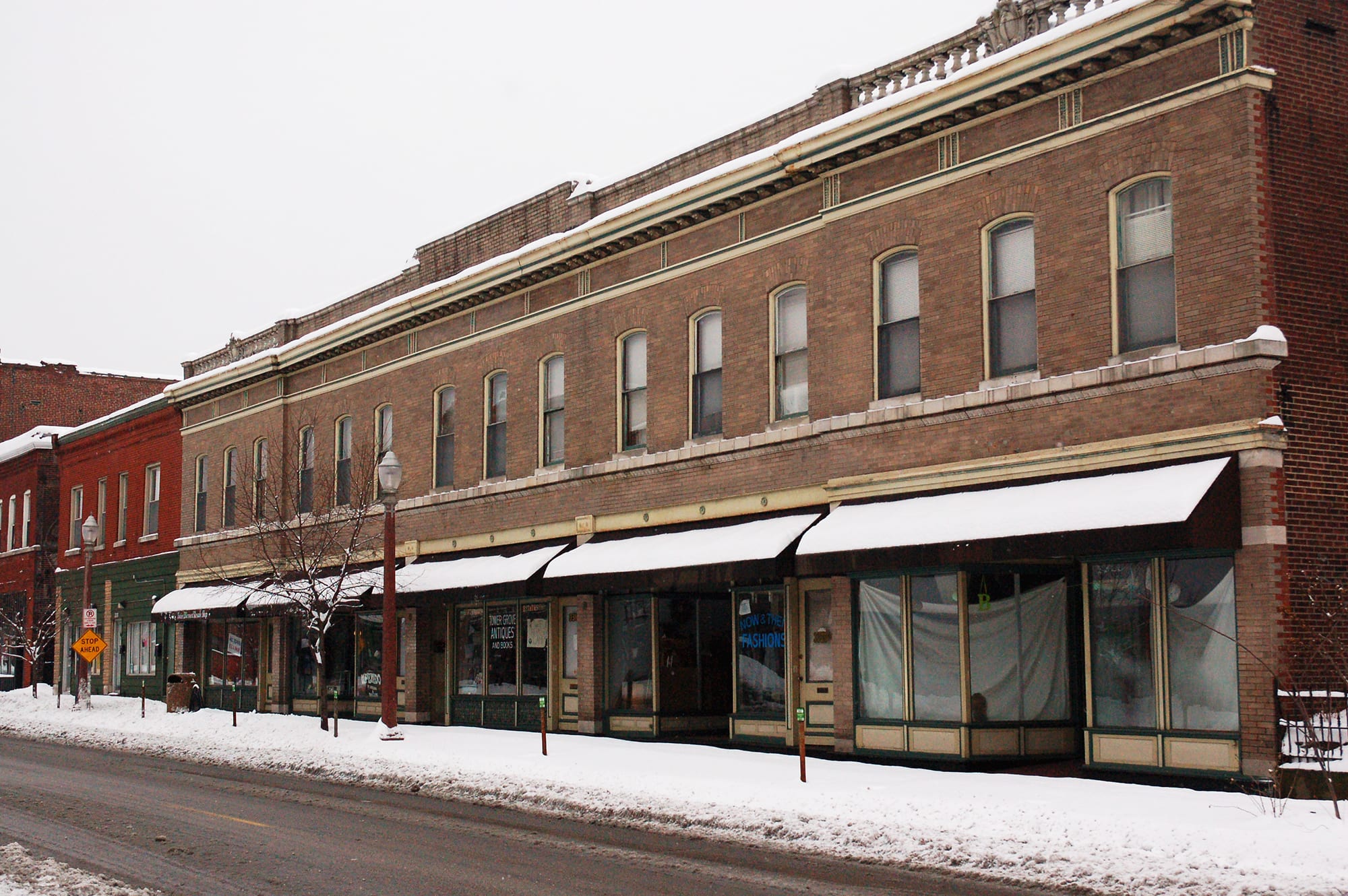 Shops on Meramec in the snow.