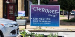 Cherokee Street CID meeting sign. Photo by Paul Sableman.