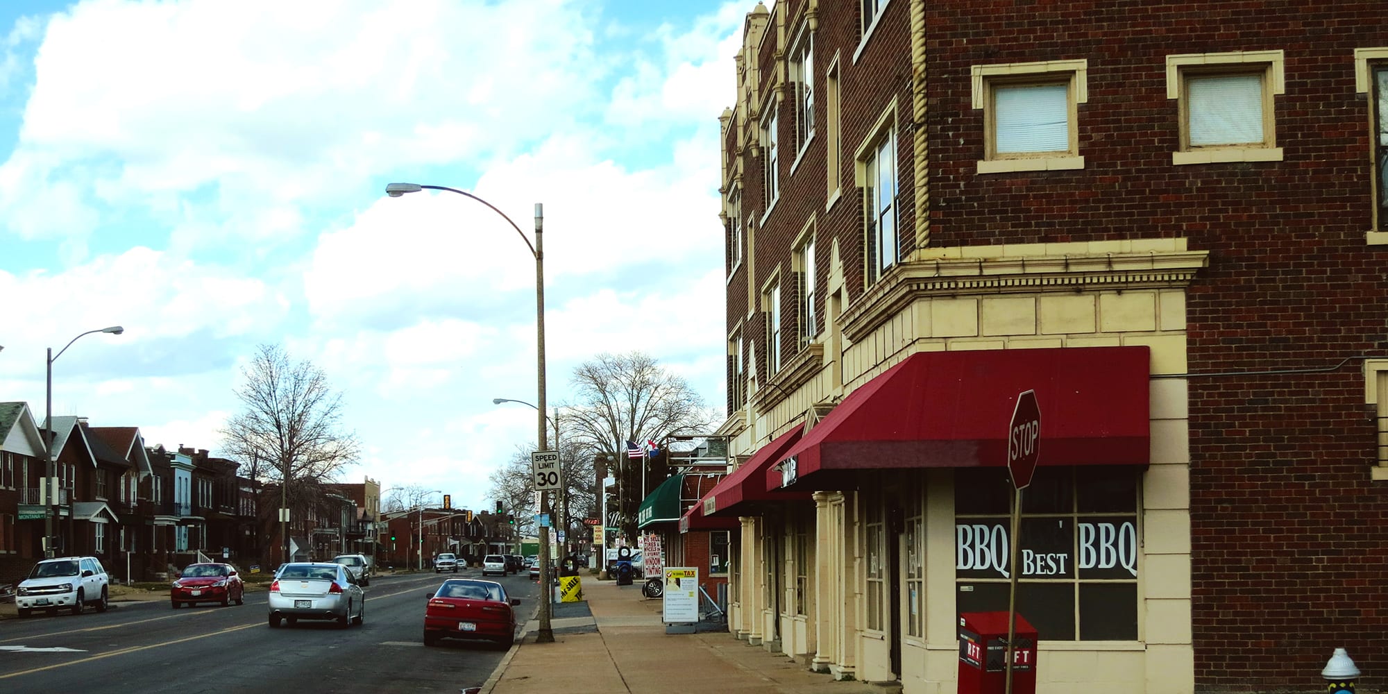 Businesses and homes along South Grand Boulevard in Dutchtown. Photo by Paul Sableman.