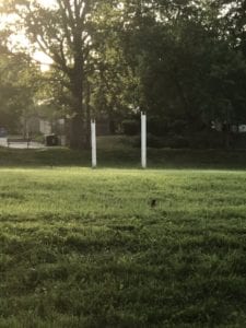 Marquette Park soccer goal crossbars in disrepair.