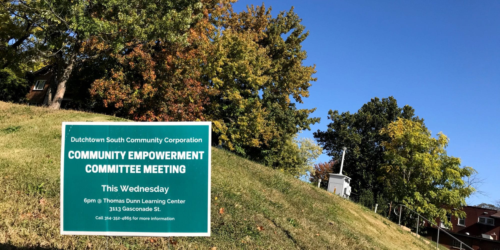 Community Empowerment Committee meeting sign at Virginia and Osceola in Dutchtown.