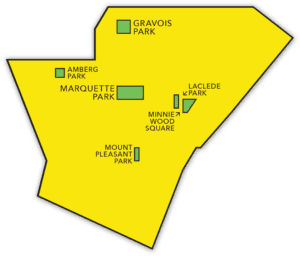 Parks in the Dutchtown neighborhood of St. Louis: Marquette Park, Gravois Park, Laclede Park, Minnie Wood Square, Mount Pleasant Park, and Amberg Park.