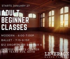 Adult beginner dance classes at Intersect Arts Center.