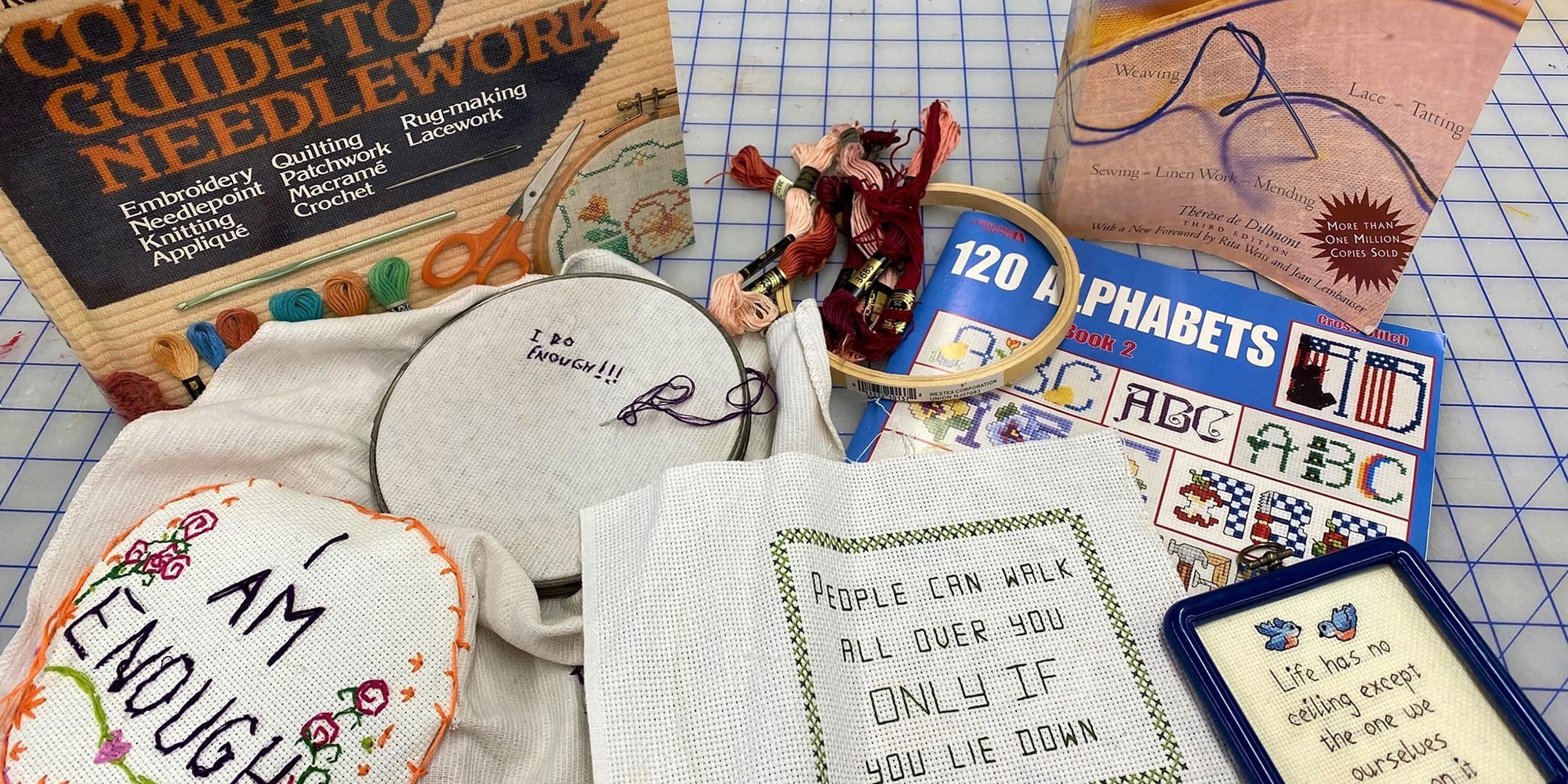 Affirmative embroidery and cross stitch at Thomas Dunn Learning Center.