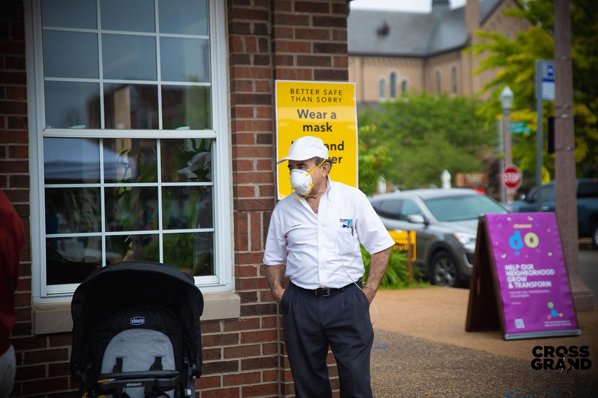 Dutchtown neighbors wearing masks at DT2 After Hours in Downtown Dutchtown. Photo by Chip Smith of Cross Grand.