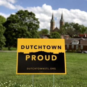 Dutchtown Proud sign overlooking Marquette Park and St. Anthony's steeples.