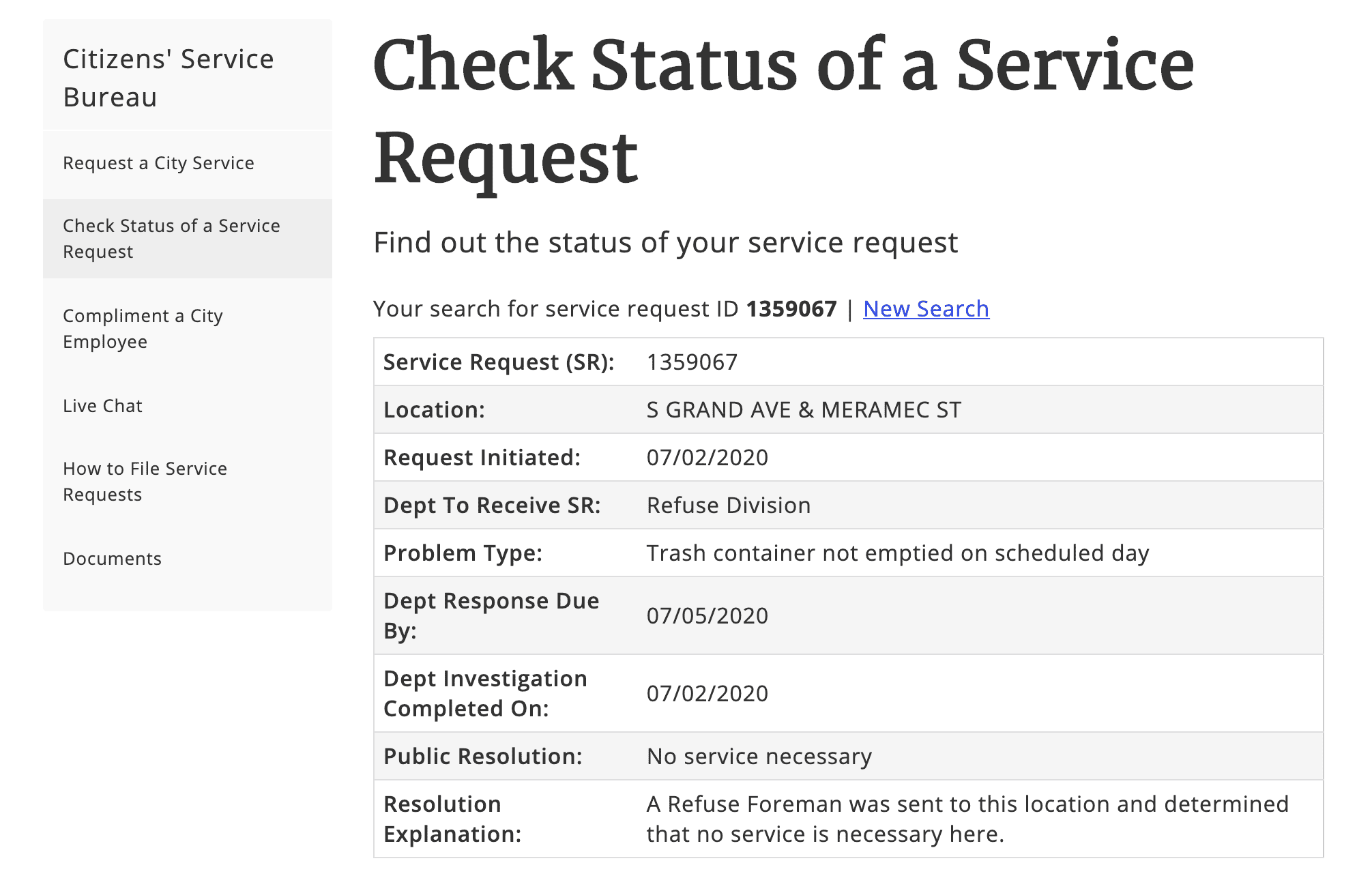 Checking the status of a service request on the Citizens' Service Bureau website.