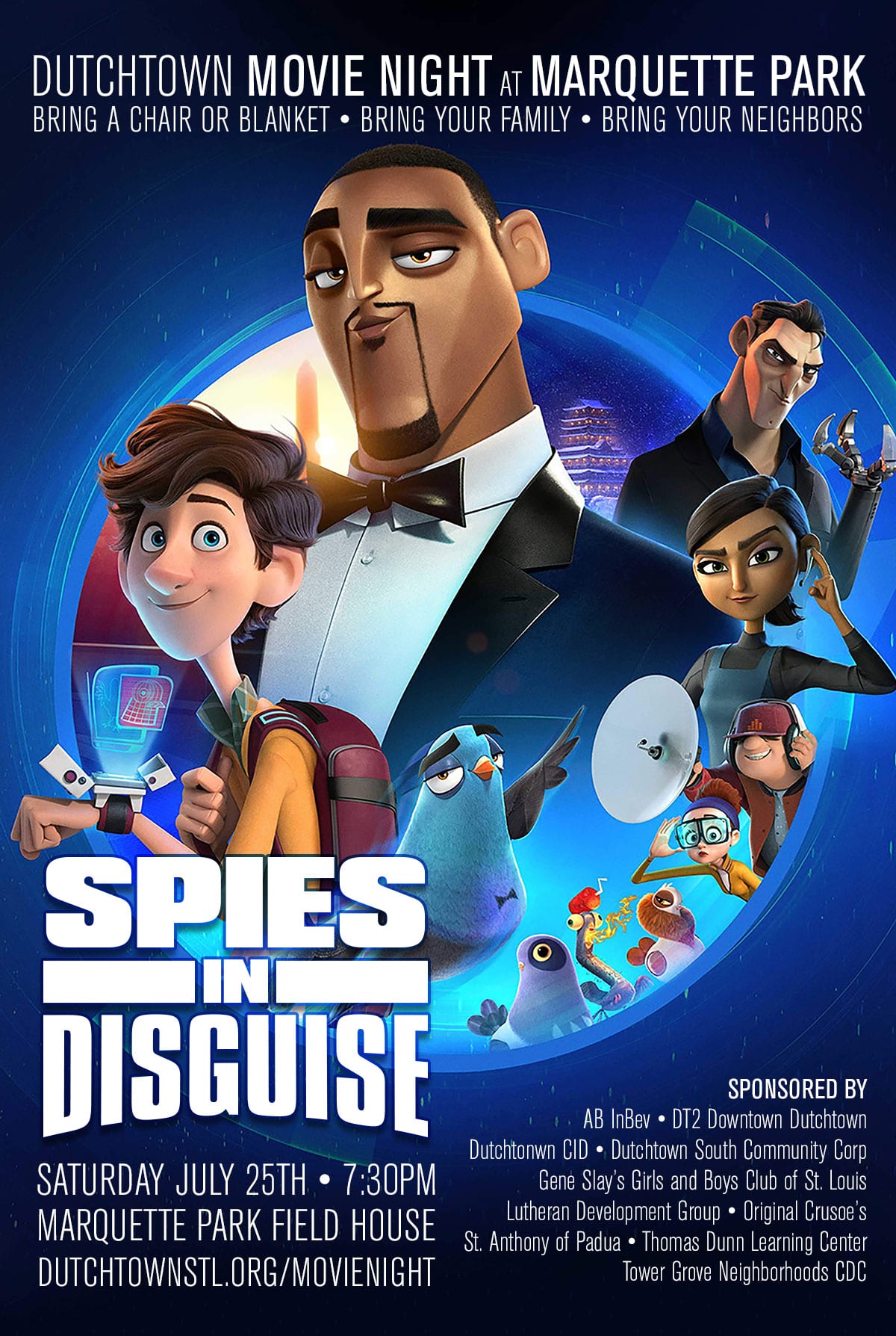 Poster for Dutchtown Movie Night at Marquette Park: Spies in Disguise.
