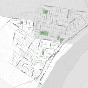 Map of the St. Louis Metropolitan Police Department's First District covering parts of Dutchtown, Carondelet, and Mount Pleasant in South St. Louis.