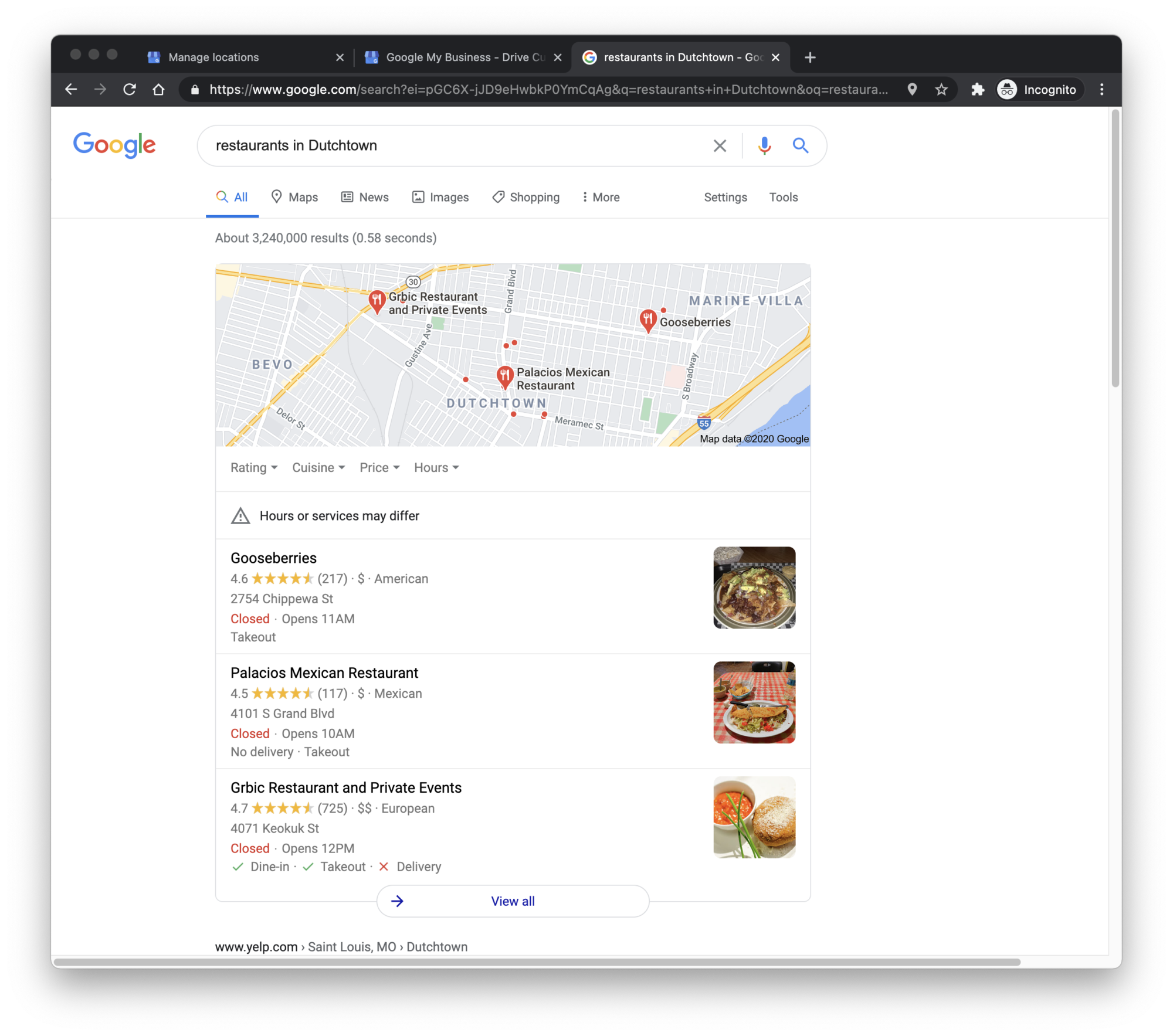 Google results for restaurants in Dutchtown.