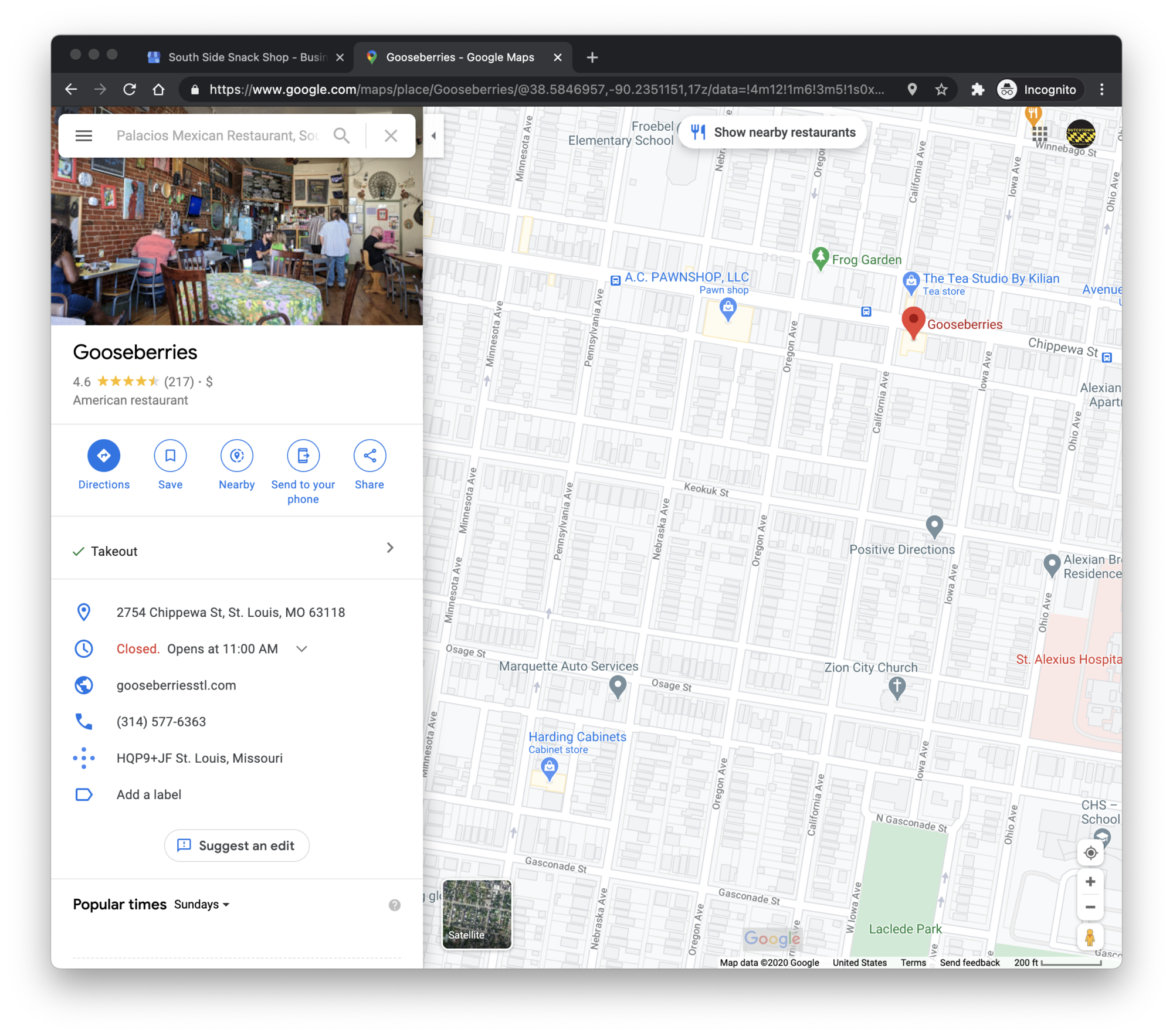 Google Maps results displaying information for Gooseberries in Dutchtown, St. Louis, MO.
