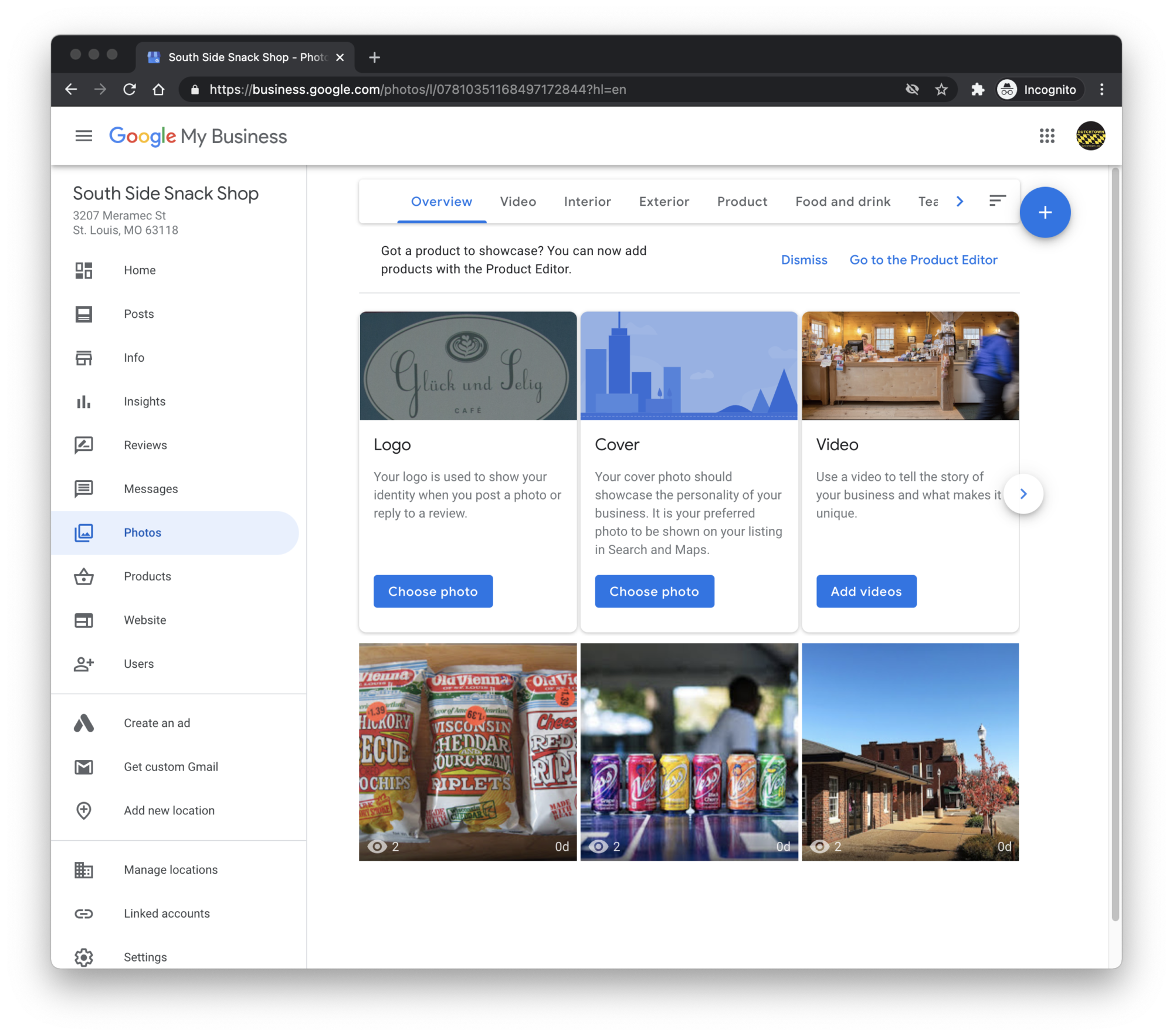 Google My Business dashboard.