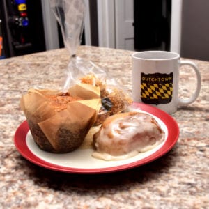 Carrot cake muffin, peanut butter energy balls, and cinnamon roll from Perfectly Pastry in Downtown Dutchtown, St. Louis, MO.