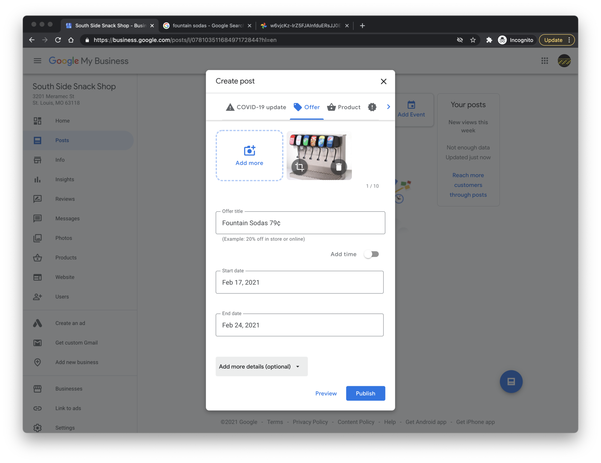 Adding an offer to your Google business profile.