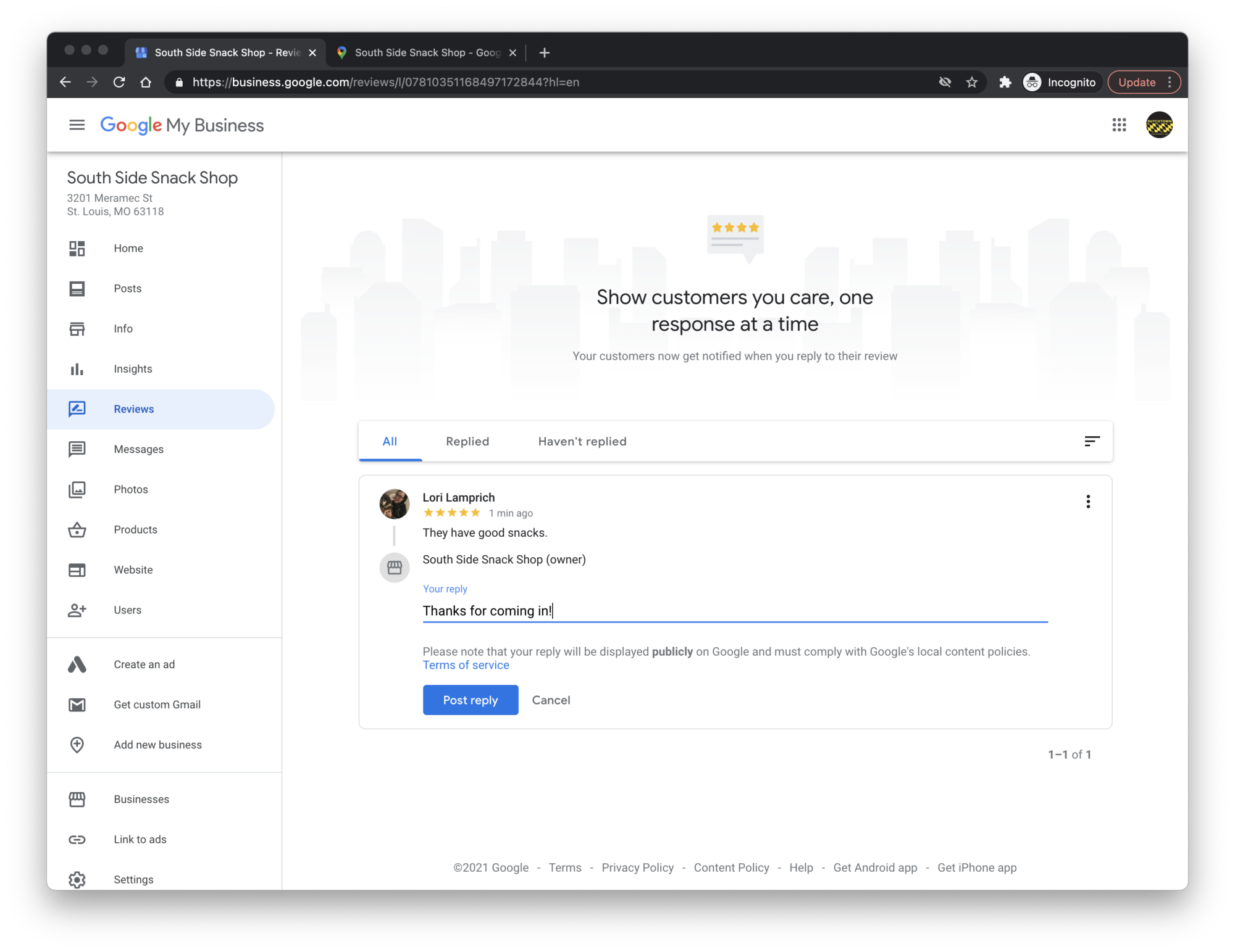 Replying to reviews in Google My Business.