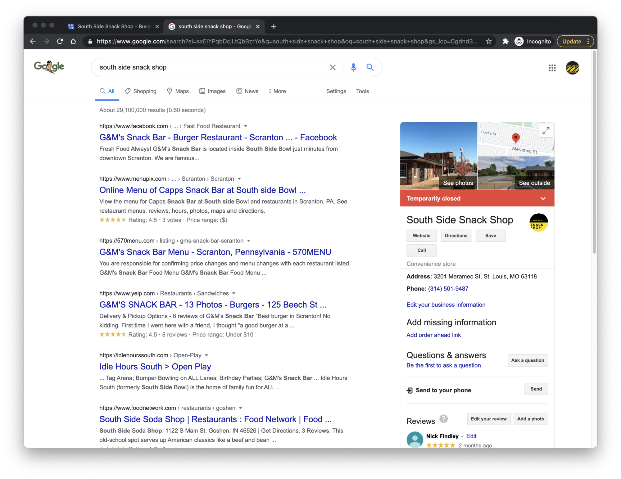 Search results page for our Google business profile.