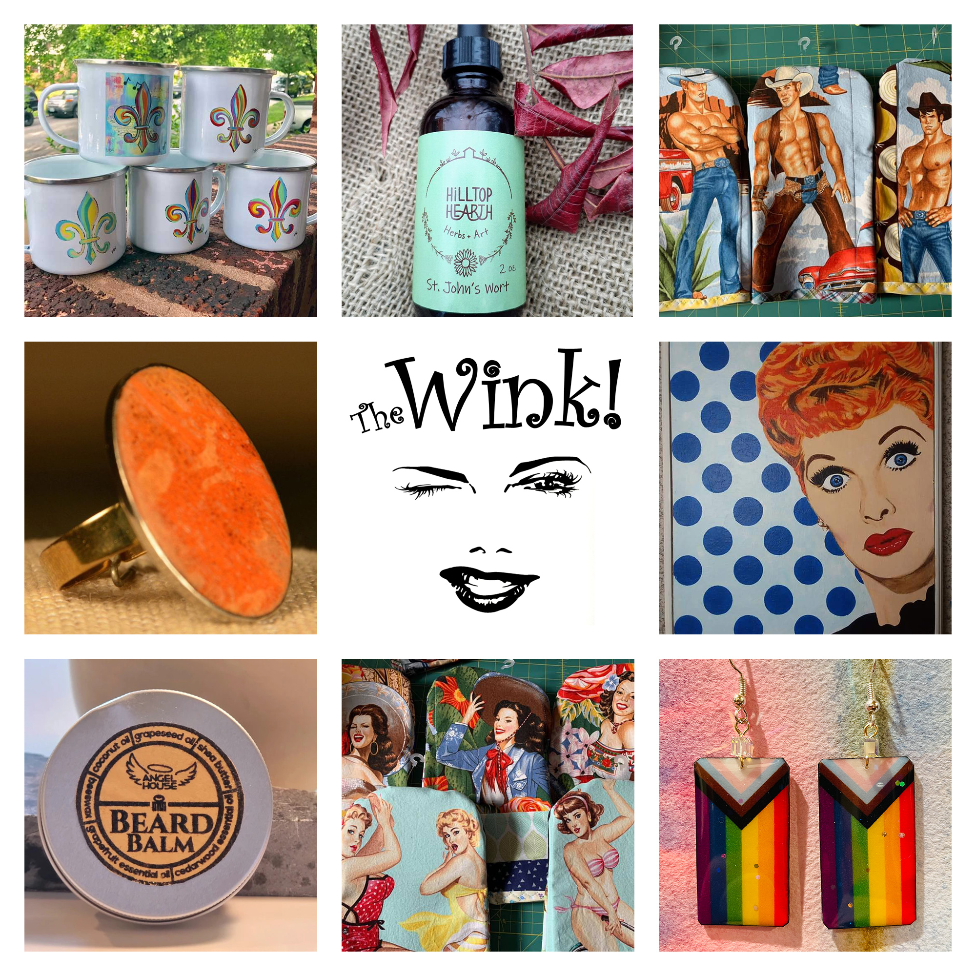 Products available at The Wink! in Downtown Dutchtown, St. Louis, MO. Offerings include jewelry, housewares, beauty products, art, and more.