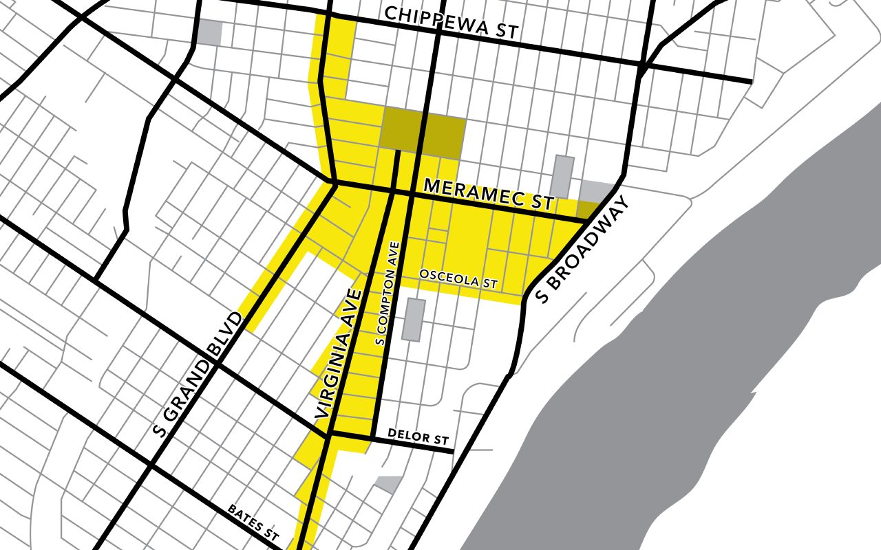 A map of the St. Louis Main Streets target area in Dutchtown.