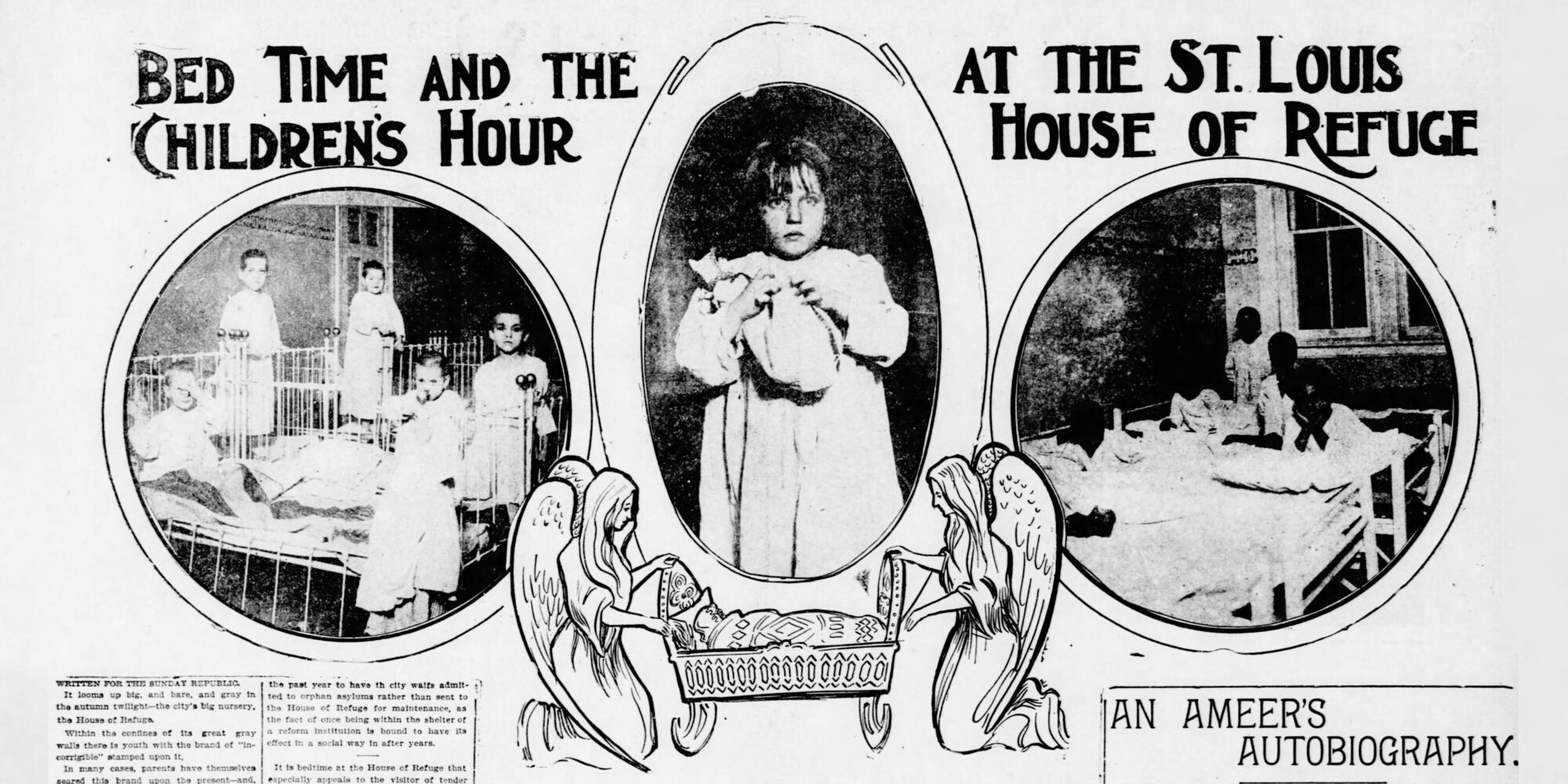 Coupure de l'édition du 3 novembre 1901 de la République de Saint-Louis intitulée « L'heure du coucher et l'heure des enfants à la maison de refuge de Saint-Louis ». L'image contient des vignettes d'enfants portant des chemises de nuit dans leurs lits et un dessin de deux anges berçant un berceau.