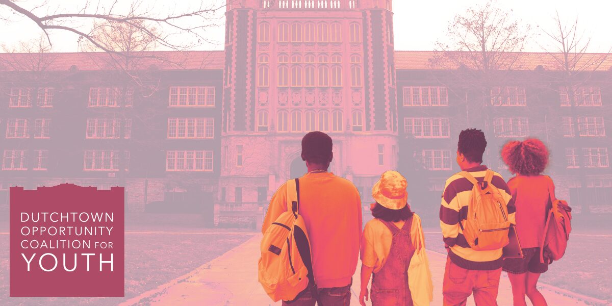 Dutchtown Opportunity Coalition for Youth presents Finding Your Future, a workshop series with the Scholarship Foundation of St. Louis to discuss financial aid opportunities for high school students. The image features four teenage students approaching Roosevelt High School.