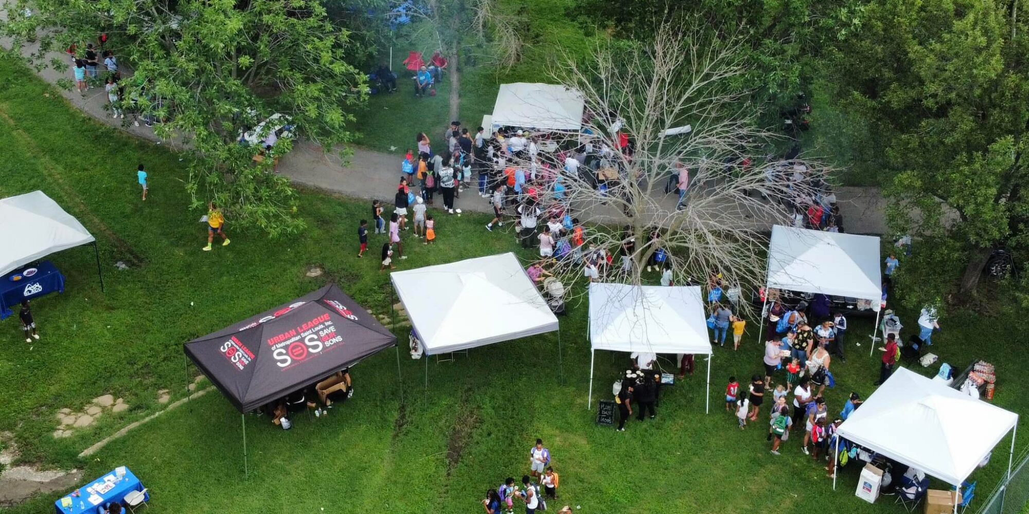 An aerial view of Marquette Community Day, South St. Louis' biggest back-to-school event, at Marquette Park in Dutchtown, St. Louis, MO.