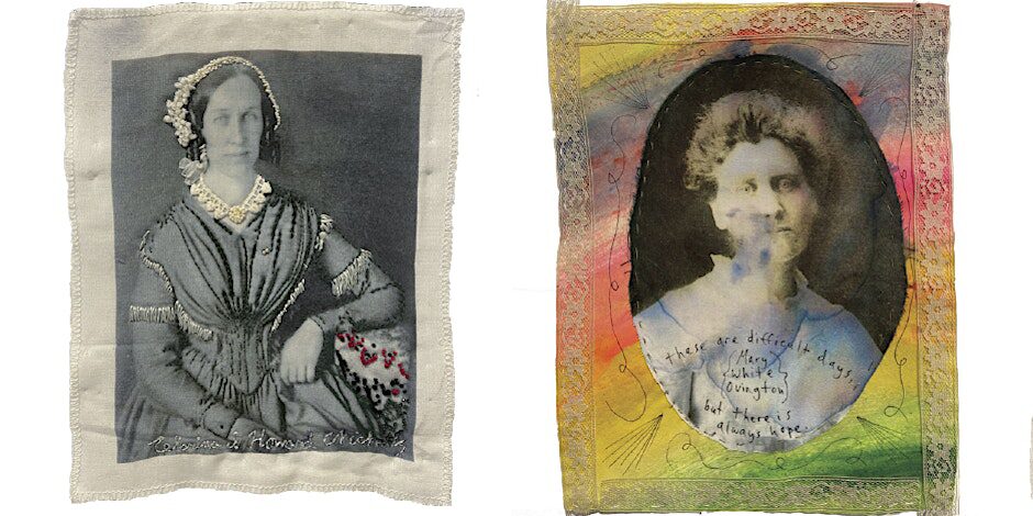 Old photographs of women applied to textiles as part of the Legacy Quilt Project, a component of Aaron McMullin's "Legacies of (in)humanity" exhibit at Wildfruit Projects in Dutchtown, St. Louis, MO.