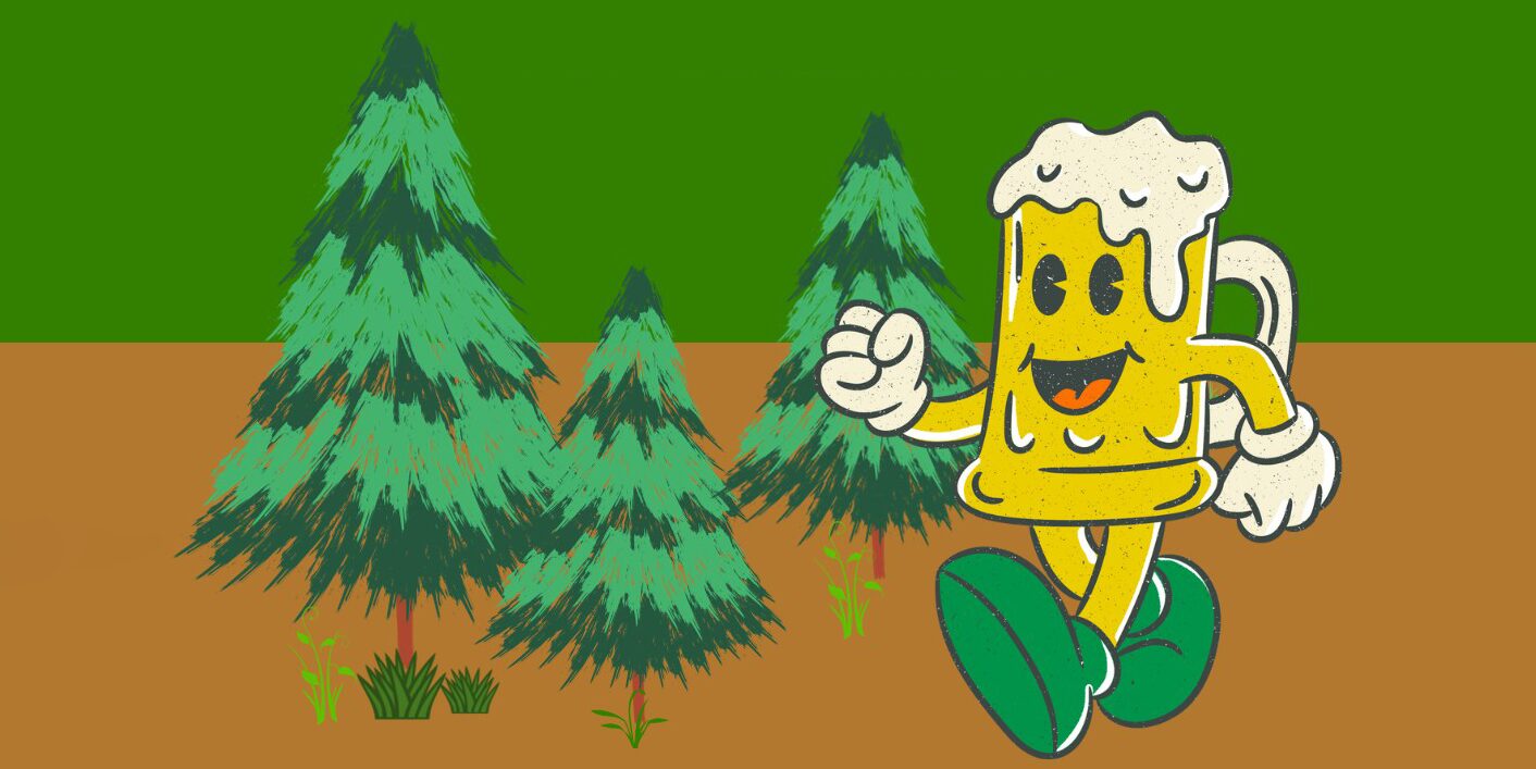 An anthropomorphic mug of beer walking through an evergreen forest.