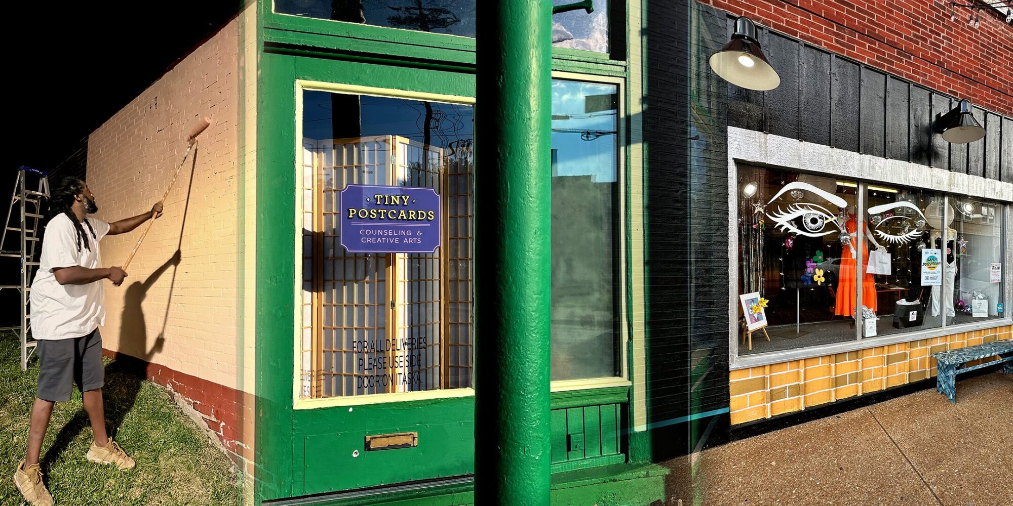 A collage of photos showing façade improvements in Dutchtown, St. Louis, MO, including a mural being painted on the side of Queen's Nail Salon, a hand-painted sign at Tiny Postcards Counseling and Creative Arts, and new lighting and paint at The Wink.